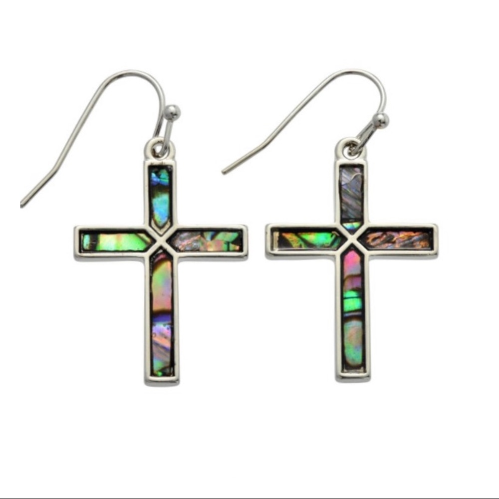 Genuine Abalone Cross Drop Earrings - Picture 3 of 3